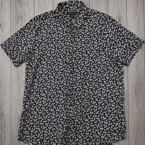 Perry Ellis 100% Linen Shirt Mens 2XL Blue Floral Button Up Short Sleeve Casual